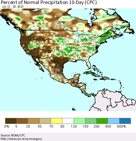 North America Percent of Normal Precipitation 10-Day (CPC) Thematic Map For 7/11/2023 - 7/20/2023