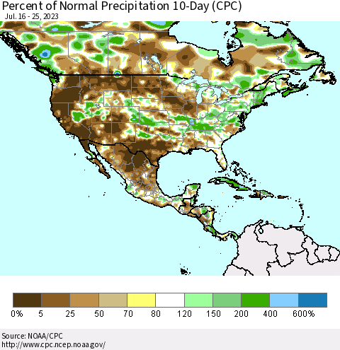 North America Percent of Normal Precipitation 10-Day (CPC) Thematic Map For 7/16/2023 - 7/25/2023