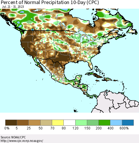 North America Percent of Normal Precipitation 10-Day (CPC) Thematic Map For 7/21/2023 - 7/31/2023