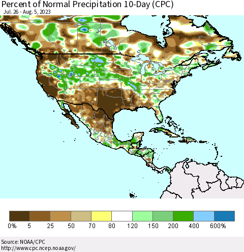 North America Percent of Normal Precipitation 10-Day (CPC) Thematic Map For 7/26/2023 - 8/5/2023