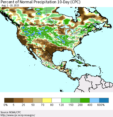 North America Percent of Normal Precipitation 10-Day (CPC) Thematic Map For 8/1/2023 - 8/10/2023