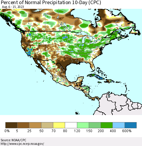 North America Percent of Normal Precipitation 10-Day (CPC) Thematic Map For 8/6/2023 - 8/15/2023