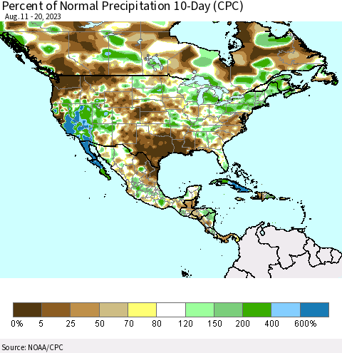 North America Percent of Normal Precipitation 10-Day (CPC) Thematic Map For 8/11/2023 - 8/20/2023