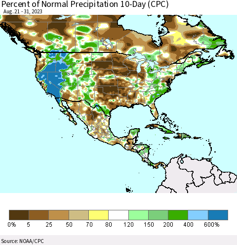 North America Percent of Normal Precipitation 10-Day (CPC) Thematic Map For 8/21/2023 - 8/31/2023
