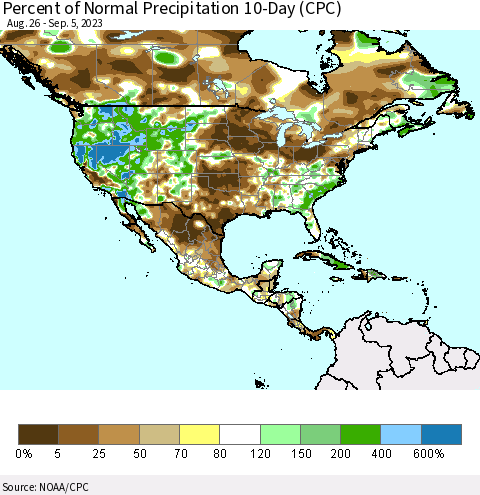 North America Percent of Normal Precipitation 10-Day (CPC) Thematic Map For 8/26/2023 - 9/5/2023