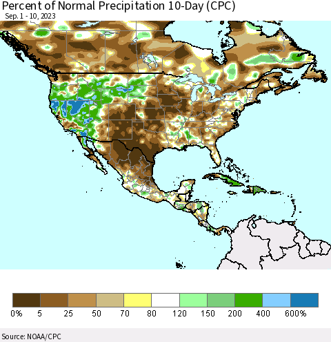 North America Percent of Normal Precipitation 10-Day (CPC) Thematic Map For 9/1/2023 - 9/10/2023
