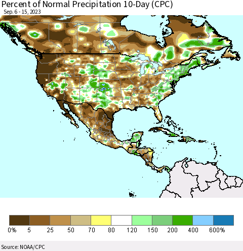 North America Percent of Normal Precipitation 10-Day (CPC) Thematic Map For 9/6/2023 - 9/15/2023