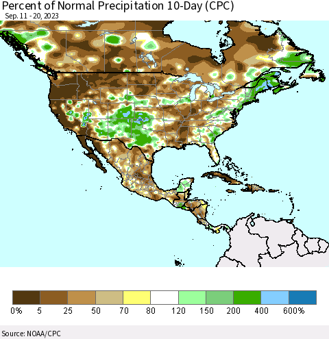 North America Percent of Normal Precipitation 10-Day (CPC) Thematic Map For 9/11/2023 - 9/20/2023