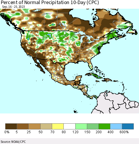 North America Percent of Normal Precipitation 10-Day (CPC) Thematic Map For 9/16/2023 - 9/25/2023