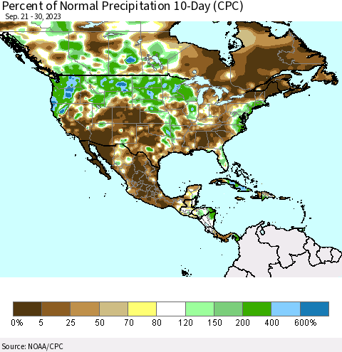 North America Percent of Normal Precipitation 10-Day (CPC) Thematic Map For 9/21/2023 - 9/30/2023
