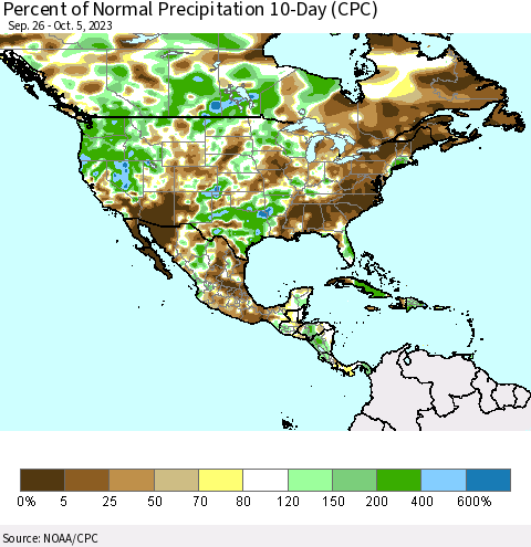 North America Percent of Normal Precipitation 10-Day (CPC) Thematic Map For 9/26/2023 - 10/5/2023