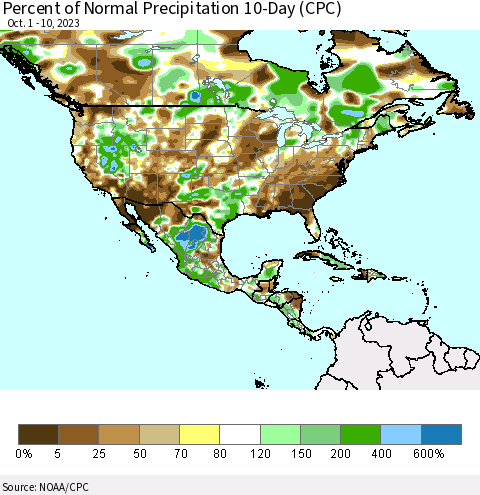 North America Percent of Normal Precipitation 10-Day (CPC) Thematic Map For 10/1/2023 - 10/10/2023