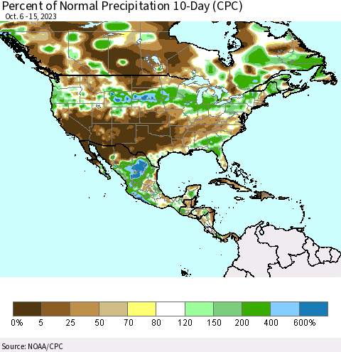 North America Percent of Normal Precipitation 10-Day (CPC) Thematic Map For 10/6/2023 - 10/15/2023