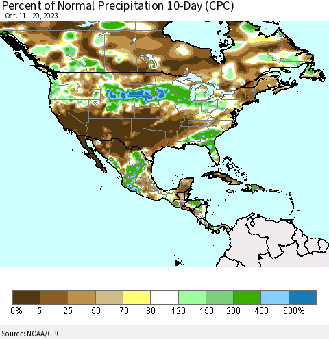 North America Percent of Normal Precipitation 10-Day (CPC) Thematic Map For 10/11/2023 - 10/20/2023