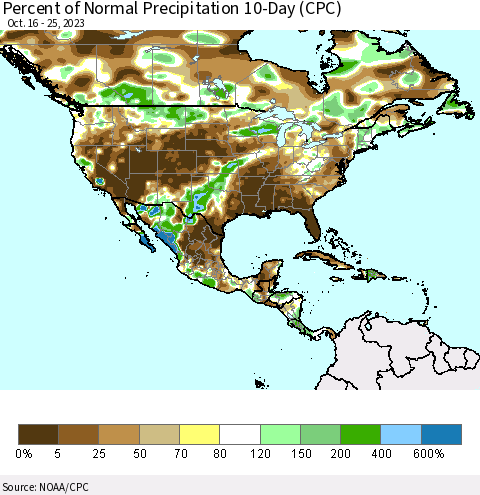 North America Percent of Normal Precipitation 10-Day (CPC) Thematic Map For 10/16/2023 - 10/25/2023