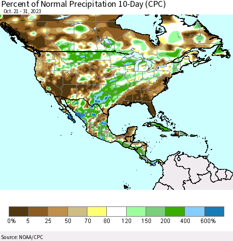North America Percent of Normal Precipitation 10-Day (CPC) Thematic Map For 10/21/2023 - 10/31/2023