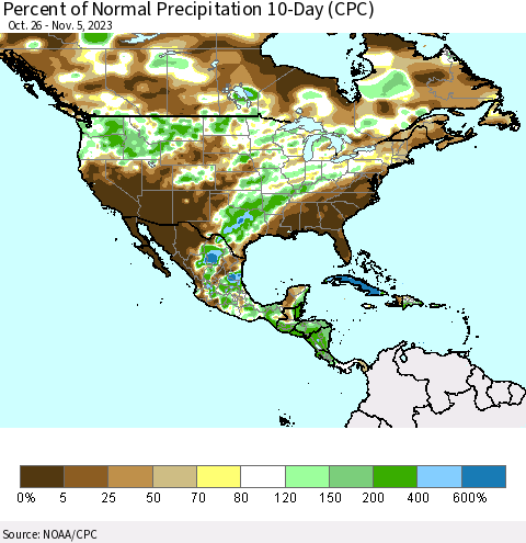 North America Percent of Normal Precipitation 10-Day (CPC) Thematic Map For 10/26/2023 - 11/5/2023