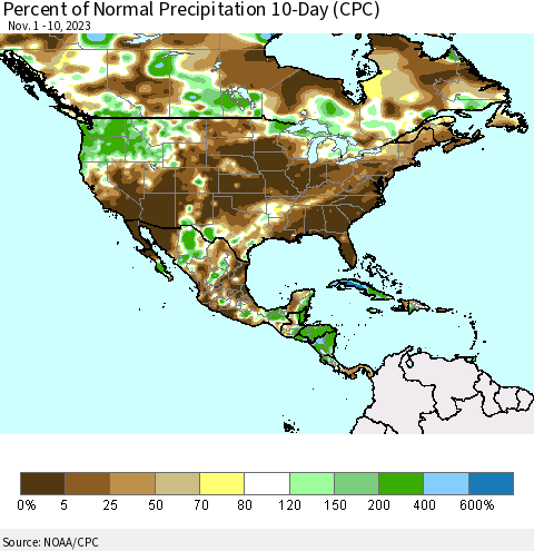 North America Percent of Normal Precipitation 10-Day (CPC) Thematic Map For 11/1/2023 - 11/10/2023