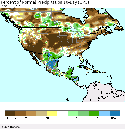 North America Percent of Normal Precipitation 10-Day (CPC) Thematic Map For 11/6/2023 - 11/15/2023
