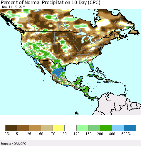 North America Percent of Normal Precipitation 10-Day (CPC) Thematic Map For 11/11/2023 - 11/20/2023
