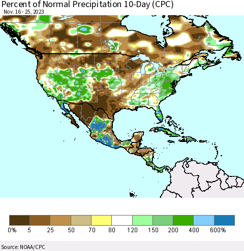 North America Percent of Normal Precipitation 10-Day (CPC) Thematic Map For 11/16/2023 - 11/25/2023