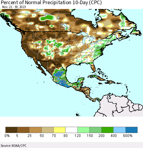 North America Percent of Normal Precipitation 10-Day (CPC) Thematic Map For 11/21/2023 - 11/30/2023