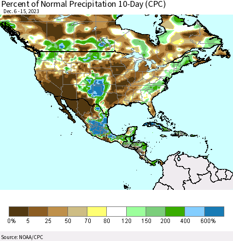 North America Percent of Normal Precipitation 10-Day (CPC) Thematic Map For 12/6/2023 - 12/15/2023