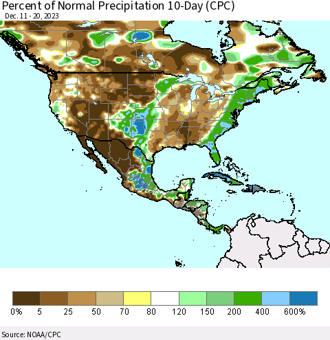 North America Percent of Normal Precipitation 10-Day (CPC) Thematic Map For 12/11/2023 - 12/20/2023