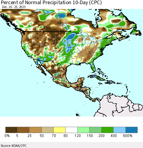 North America Percent of Normal Precipitation 10-Day (CPC) Thematic Map For 12/16/2023 - 12/25/2023
