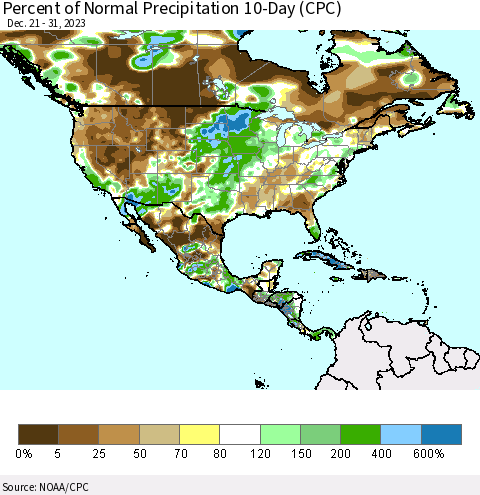 North America Percent of Normal Precipitation 10-Day (CPC) Thematic Map For 12/21/2023 - 12/31/2023