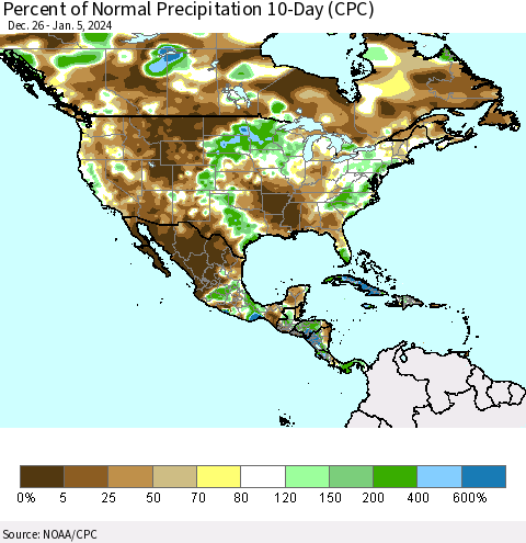 North America Percent of Normal Precipitation 10-Day (CPC) Thematic Map For 12/26/2023 - 1/5/2024