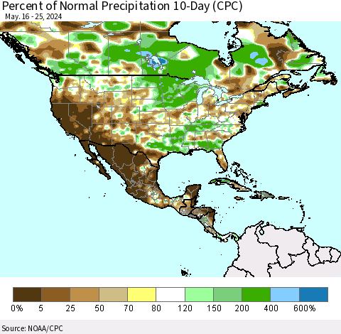 North America Percent of Normal Precipitation 10-Day (CPC) Thematic Map For 5/16/2024 - 5/25/2024