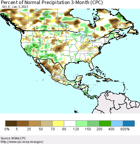 North America Percent of Normal Precipitation 3-Month (CPC) Thematic Map For 10/6/2022 - 1/5/2023