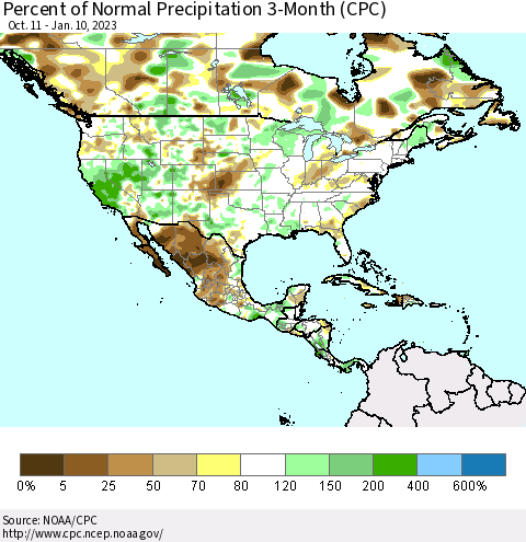 North America Percent of Normal Precipitation 3-Month (CPC) Thematic Map For 10/11/2022 - 1/10/2023