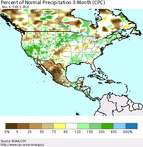 North America Percent of Normal Precipitation 3-Month (CPC) Thematic Map For 11/6/2022 - 2/5/2023