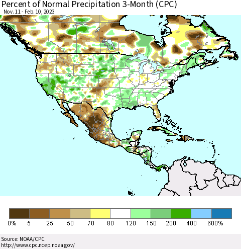 North America Percent of Normal Precipitation 3-Month (CPC) Thematic Map For 11/11/2022 - 2/10/2023
