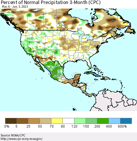 North America Percent of Normal Precipitation 3-Month (CPC) Thematic Map For 3/6/2023 - 6/5/2023