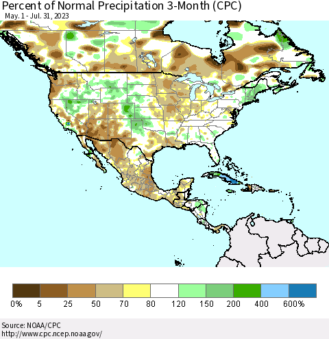 North America Percent of Normal Precipitation 3-Month (CPC) Thematic Map For 5/1/2023 - 7/31/2023