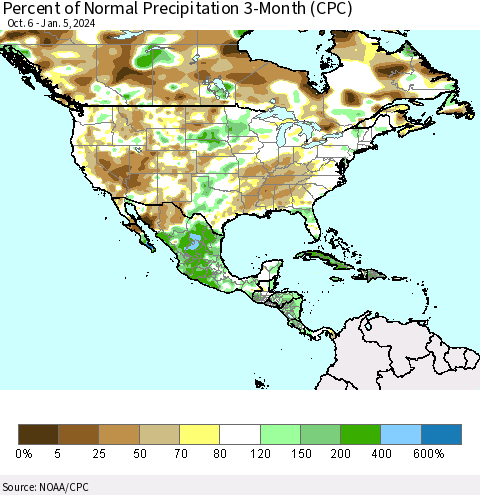 North America Percent of Normal Precipitation 3-Month (CPC) Thematic Map For 10/6/2023 - 1/5/2024