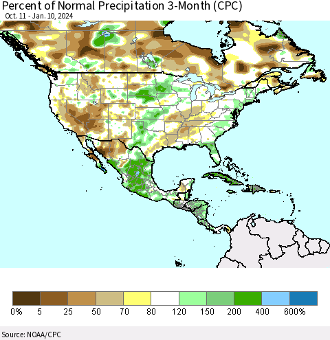 North America Percent of Normal Precipitation 3-Month (CPC) Thematic Map For 10/11/2023 - 1/10/2024