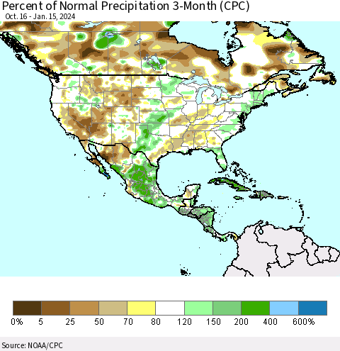 North America Percent of Normal Precipitation 3-Month (CPC) Thematic Map For 10/16/2023 - 1/15/2024