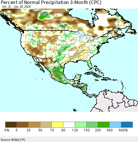 North America Percent of Normal Precipitation 3-Month (CPC) Thematic Map For 10/21/2023 - 1/20/2024