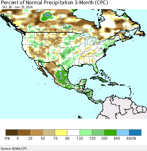 North America Percent of Normal Precipitation 3-Month (CPC) Thematic Map For 10/26/2023 - 1/25/2024
