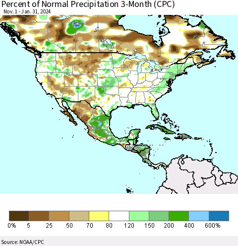 North America Percent of Normal Precipitation 3-Month (CPC) Thematic Map For 11/1/2023 - 1/31/2024