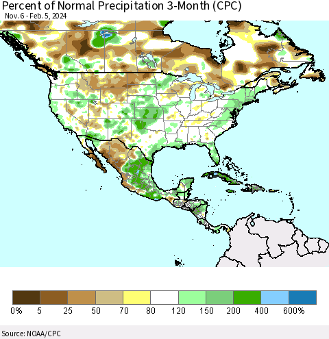 North America Percent of Normal Precipitation 3-Month (CPC) Thematic Map For 11/6/2023 - 2/5/2024
