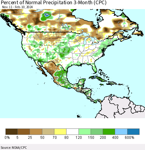 North America Percent of Normal Precipitation 3-Month (CPC) Thematic Map For 11/11/2023 - 2/10/2024