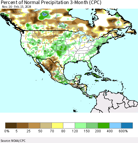 North America Percent of Normal Precipitation 3-Month (CPC) Thematic Map For 11/16/2023 - 2/15/2024