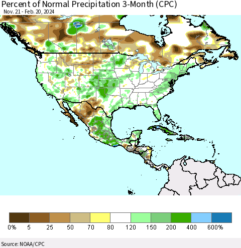North America Percent of Normal Precipitation 3-Month (CPC) Thematic Map For 11/21/2023 - 2/20/2024