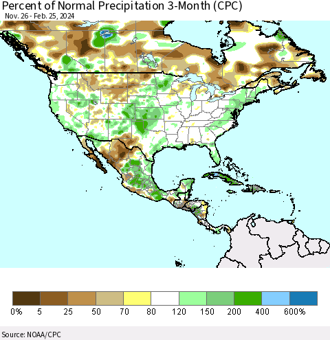 North America Percent of Normal Precipitation 3-Month (CPC) Thematic Map For 11/26/2023 - 2/25/2024
