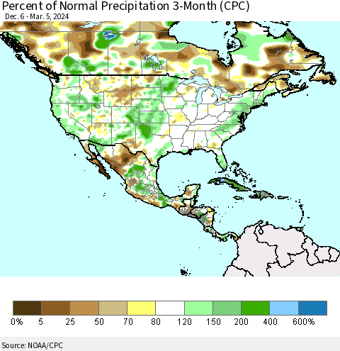 North America Percent of Normal Precipitation 3-Month (CPC) Thematic Map For 12/6/2023 - 3/5/2024